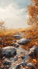Serene autumn stream flowing through golden meadow.