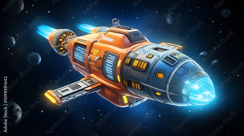 Poster vibrant of a cartoon nuclear powered spaceship soaring through a dynamic cosmic landscape filled wit