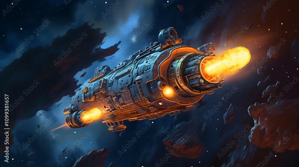 Poster cartoon of a nuclear powered futuristic spaceship soaring through a glowing colorful outer space lan