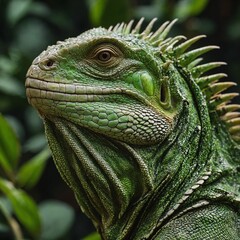 Obraz premium A close-up of an iguana’s scales against green foliage.