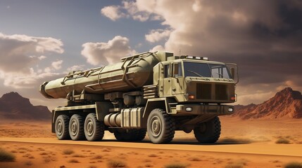 Obraz premium A military truck carrying a missile defense system driving through a rugged desert landscape The vehicle is equipped with camouflage and military grade hardware