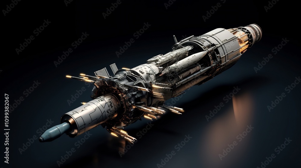 Poster highly detailed and 3d rendering of a complex futuristic missile design with intricate engineering f