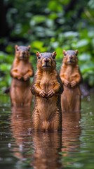 Obraz premium Three squirrels standing in shallow water, looking at the camera, with green foliage in the background.
