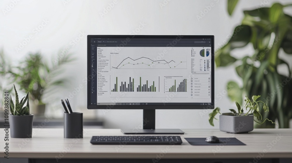 Poster modern desk setup with data visualization on screen