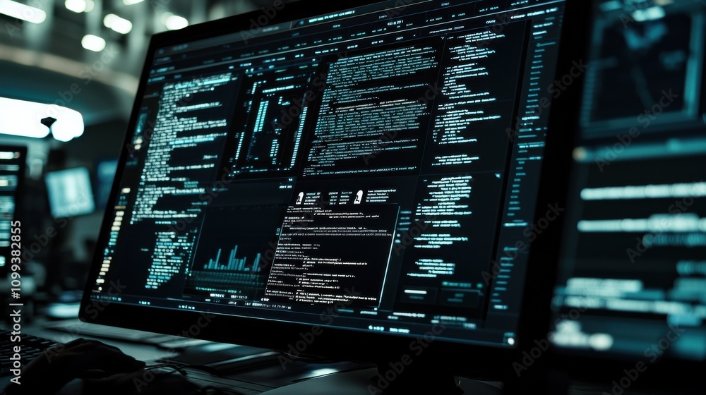 Poster dark screen with code and data visualization elements