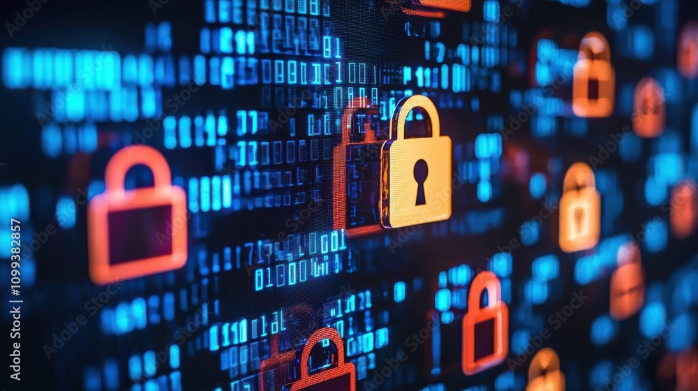 Poster digital security concept with lock symbols and data