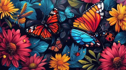 Vibrant butterflies and flowers in a lush garden.