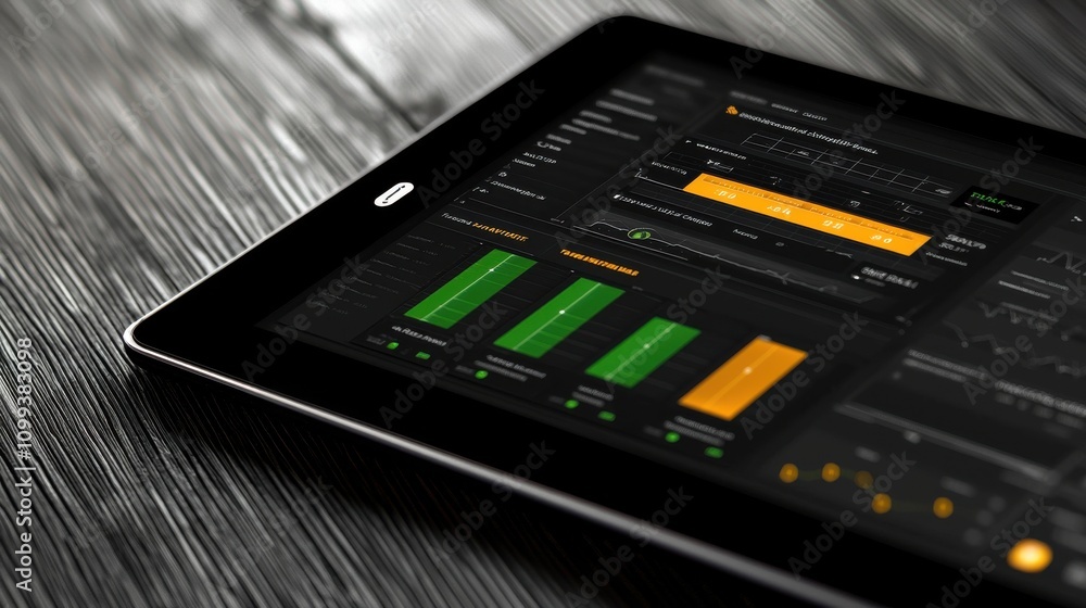 Poster modern tablet with dark ui and data visualization