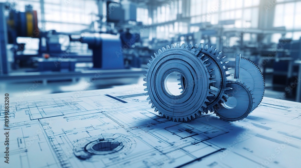 Poster detailed blueprints showing mechanical gears in engineering design