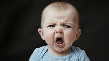 Baby with a mouth open and a look of anger on his face. The baby is wearing a blue shirt