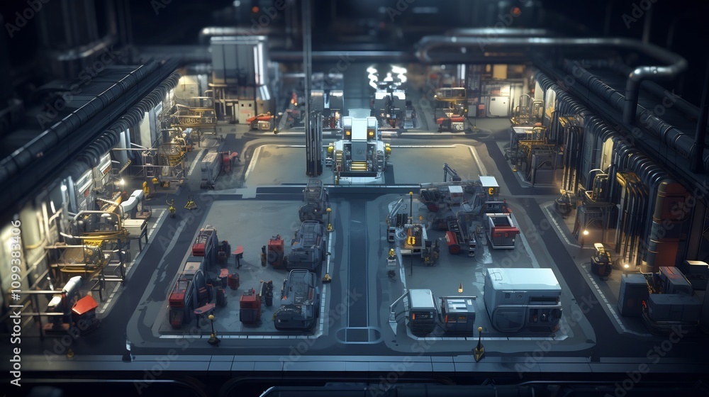 Poster detailed missile factory with advanced assembly lines and intricate components for military producti