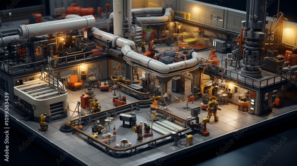 Poster detailed view of a missile factory with assembly lines and intricate components being manufactured
