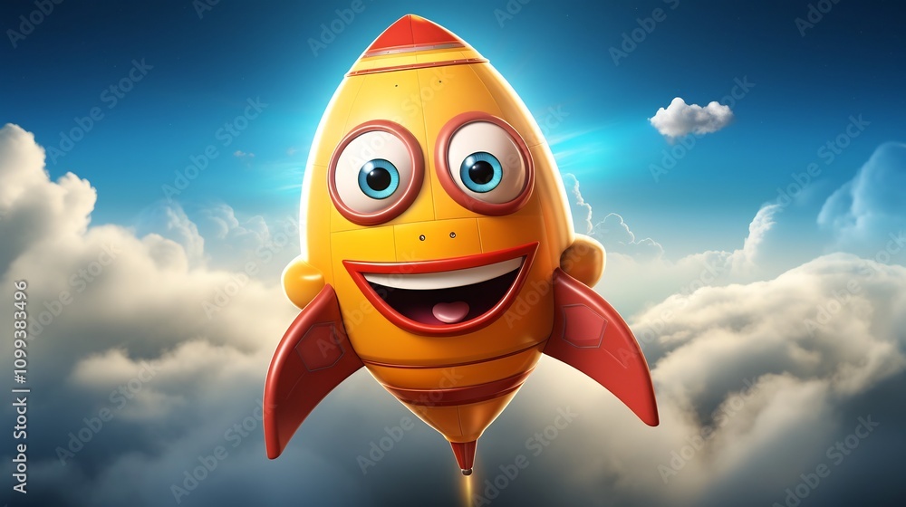 Poster playful cartoon missile character waving arms in whimsical humorous animated missile figure with smi