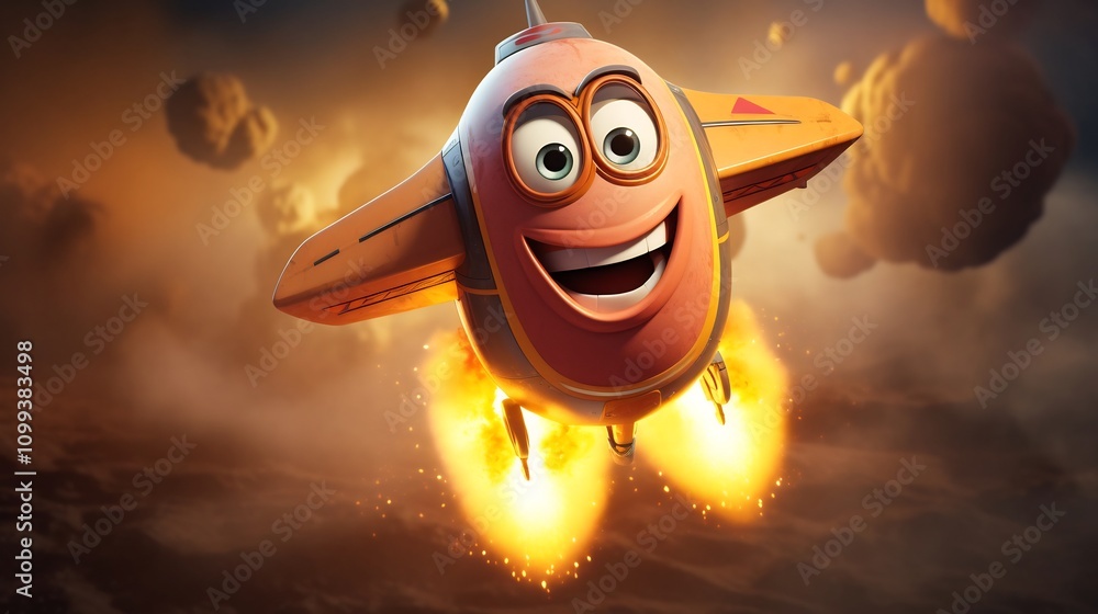 Poster playful and animated cartoon missile character with a smiling face and waving arms in a vibrant and 