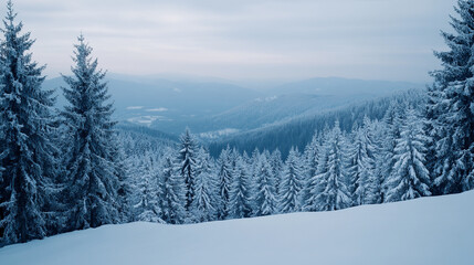 Snow-covered mountain landscape with evergreen trees in winter