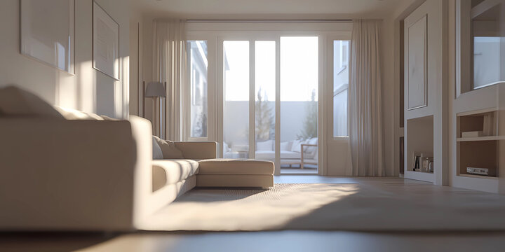 White living room with a sofa and sliding doors leading to a terrace. Interior design, ultra-realistic, cinematic