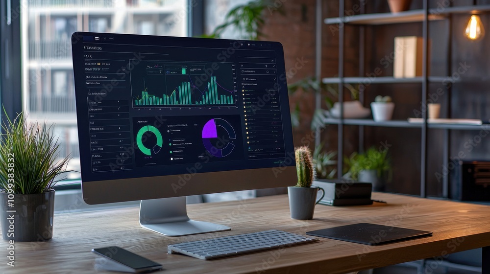 Aufkleber modern workspace with data visualization and plants