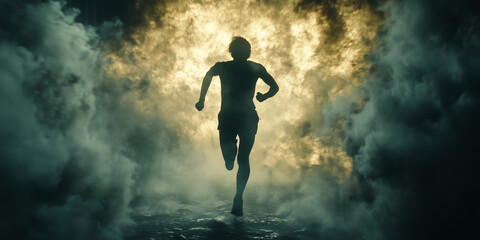 Cinematic Shot of Runner Surrounded by Dramatic Smoke Trail