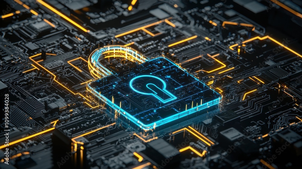 Poster digital security concept with cyber lock and circuit board