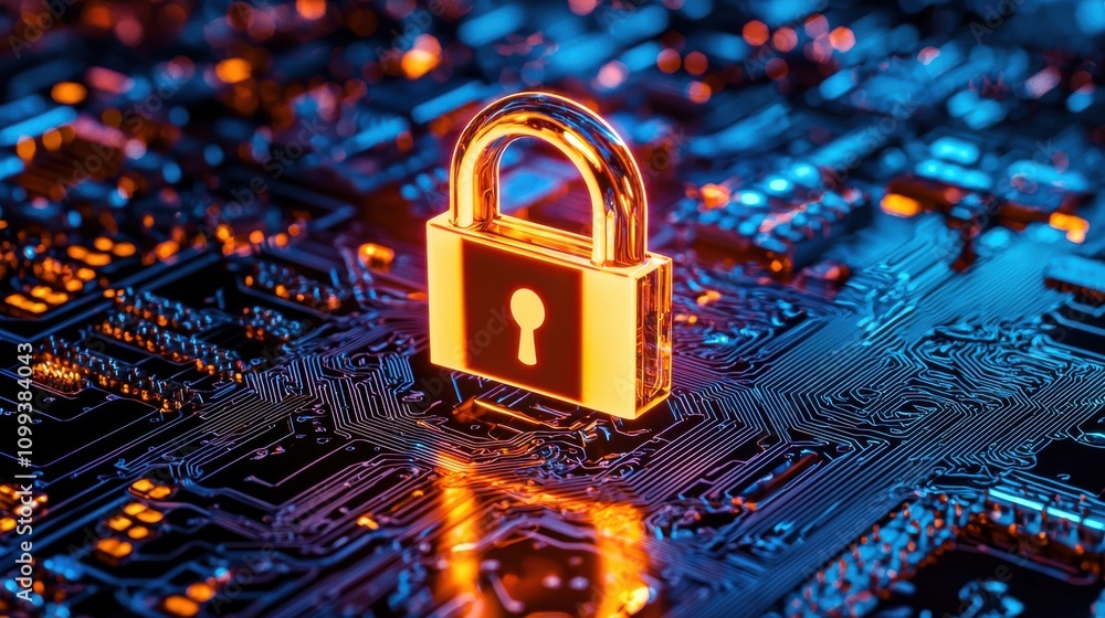 Poster digital security concept with padlock and circuit board