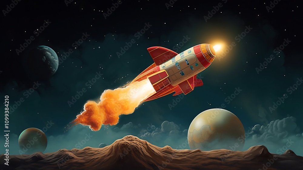 Poster whimsical digital depicting a missile transforming and evolving into a sleek futuristic spaceship in