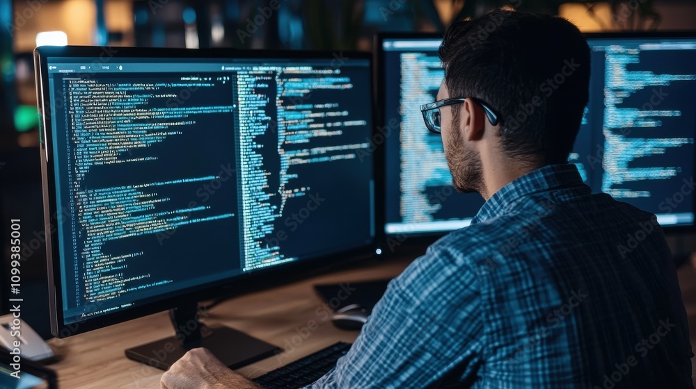 Poster focused programmer working on advanced code solutions