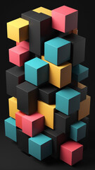 Obraz premium A geometric 3D cube, with each square side decorated in contrasting colorful patterns, creating an abstract, playful visual effect.