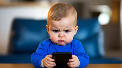 Baby is holding a cell phone and looking at it with a frown. Concept of curiosity and interest in the device, as well as a hint of frustration or confusion