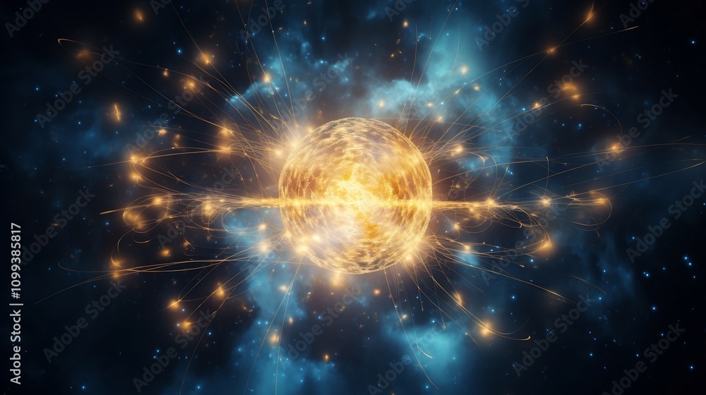 Poster vivid and dynamic conceptual depicting the process of nuclear fission showcasing the release of ener