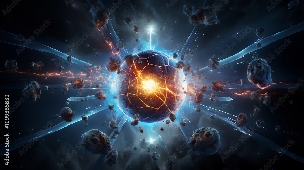 Poster captivating digital depicting the dynamic process of nuclear fission showcasing the release of atomi