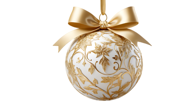 gold Christmas ball with ribbon and a bow, transparent image.