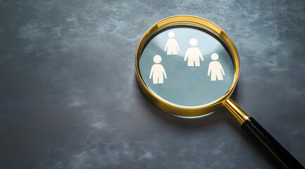 Magnifier glass focus to manager icon which is among staff icons for human development recruitment leadership and customer target group concept.