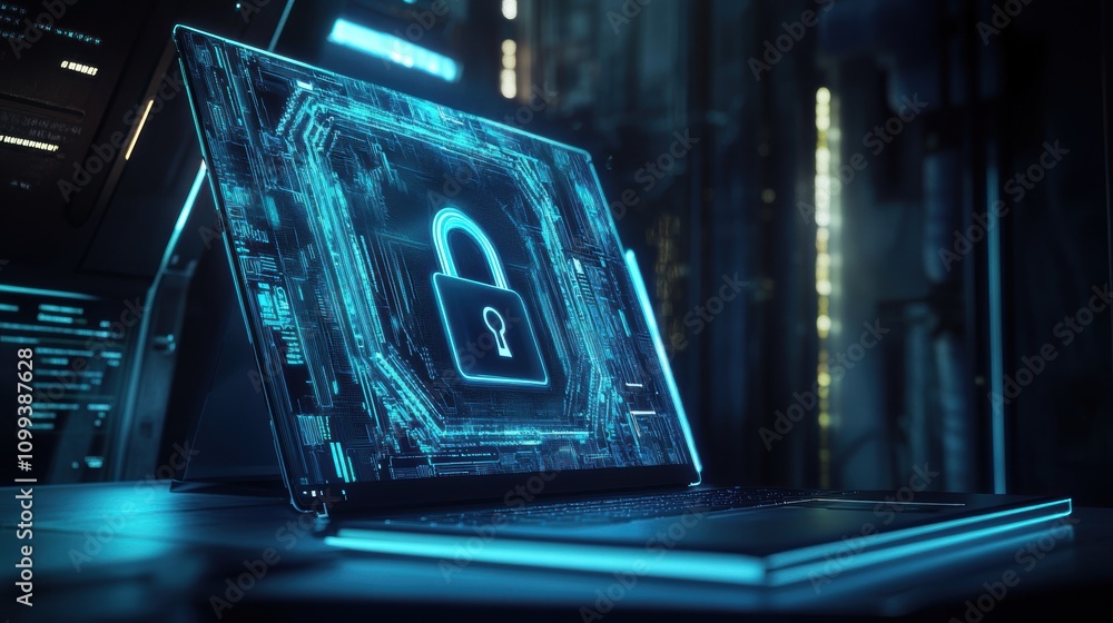 Poster laptop displaying a glowing padlock icon with a futuristic circuit board design in a high-tech envir