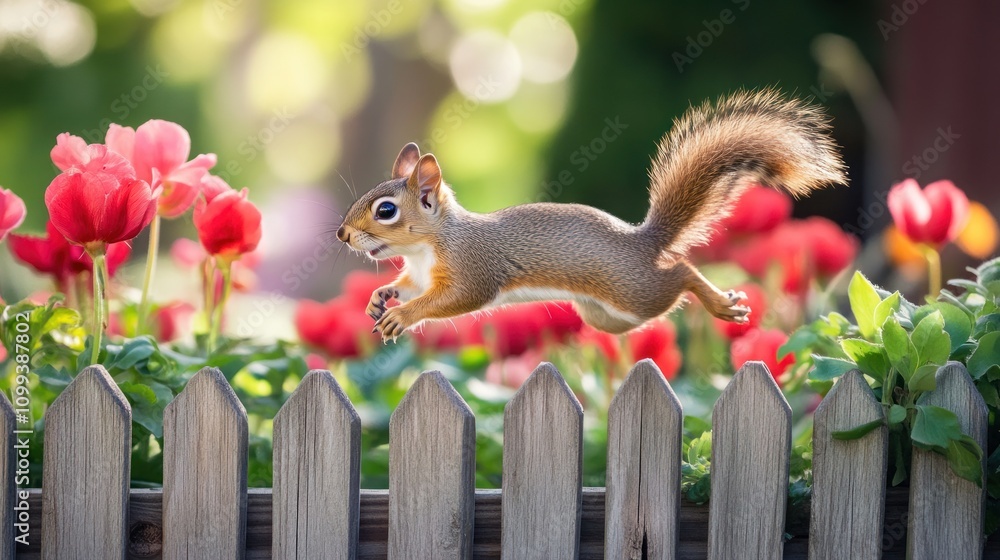 Poster a squirrel leaps over a picket fence in front of red tulips.