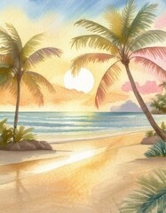 Obraz premium Calm time passing slowly (sunset, watercolor-style landscape painting of a beautiful beach at sunset)