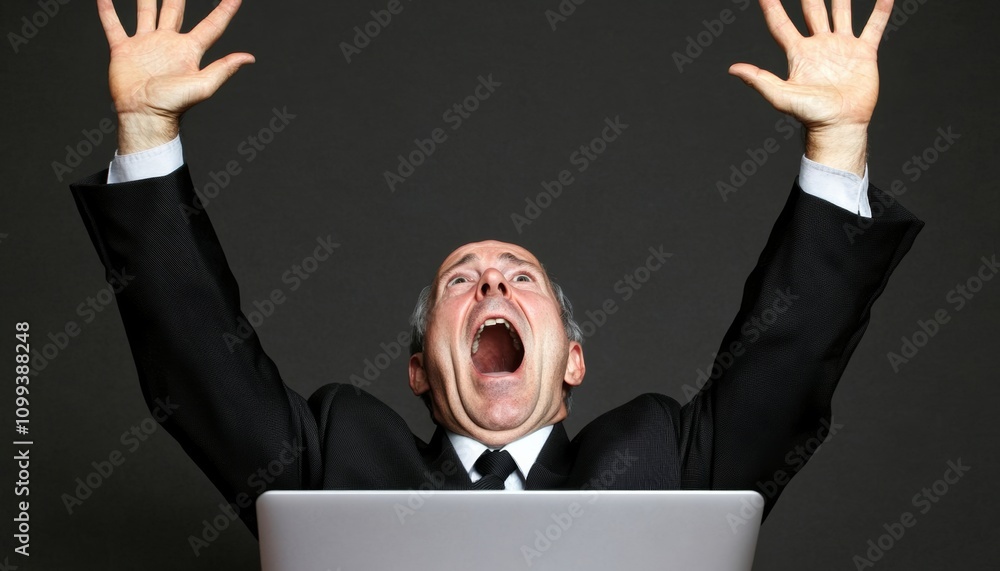 Poster man in a suit is yelling into a laptop. the man is angry and frustrated. he is holding his hands up 