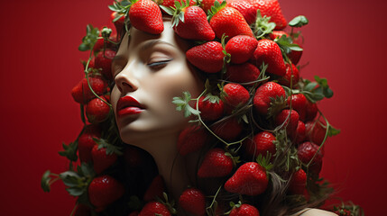 Sinnliches Portrait einer Frau im Profil mit roten Lippen und Frisur aus Erdbeeren vor rotem Hintergrund. Surreale Illustration