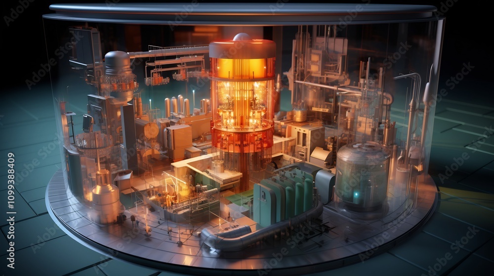 Poster detailed digital 3d rendering of a nuclear power plant reactor showing all the key components and sy