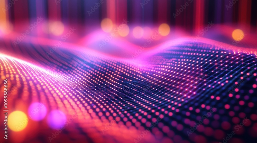 Poster abstract glowing grid of vibrant pink and purple dots on a dark background with bokeh lights.