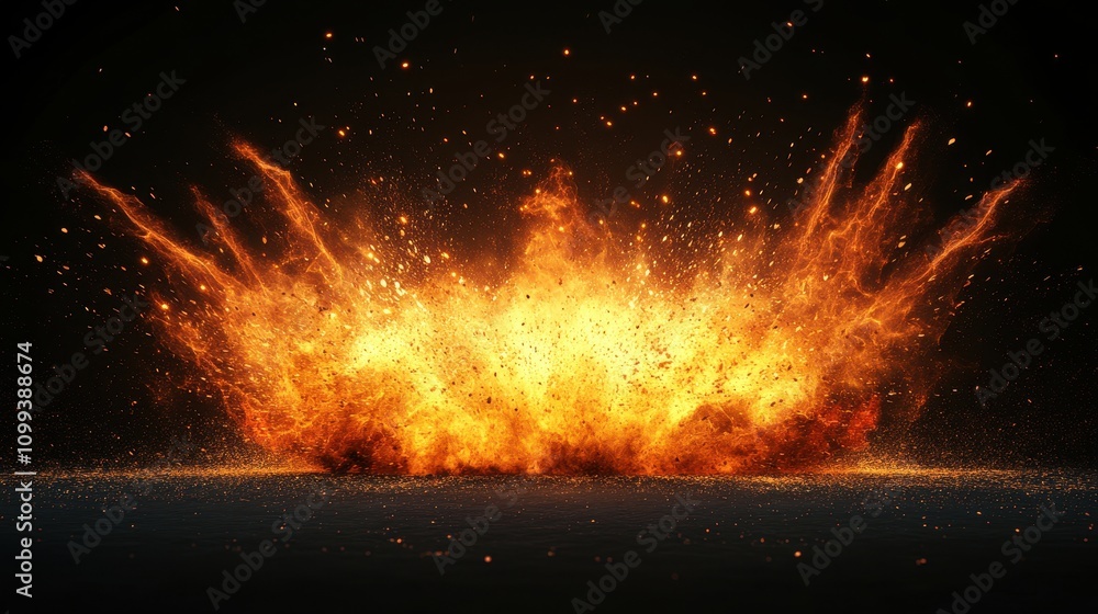 Poster a vibrant explosion with fiery colors and dynamic particles dispersing in all directions.
