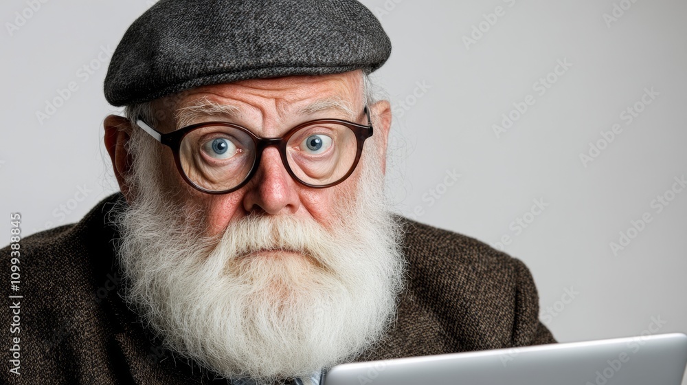 Poster man with a beard and glasses is staring at a laptop. he looks surprised and confused. the laptop is 