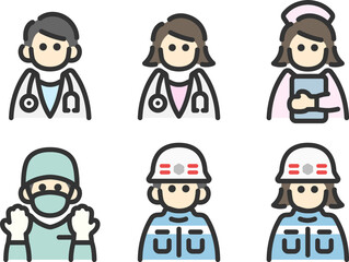 医療従事者のアイコン（線画カラー）のイラストセット
