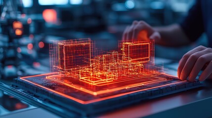 A glowing 3D model of a tech system presented an IT team during an innovative demo session