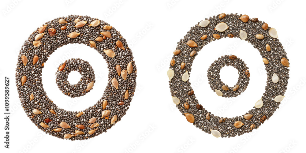 Poster two circular patterns made from a variety of small stones and seeds, creatively arranged in a spiral
