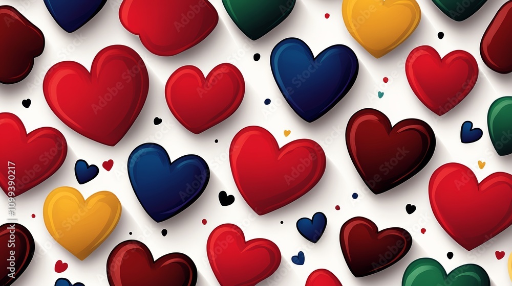 Poster colorful pattern of hearts is displayed on a white background. the hearts are of various sizes and c