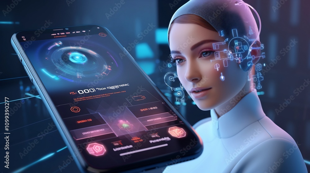 Poster a digital assistant depicted on a smartphone screen surrounded by advanced futuristic graphics and v