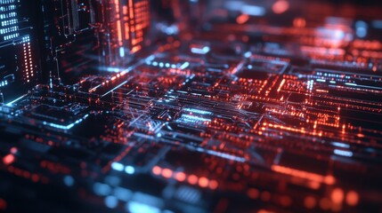 Obraz premium Futuristic digital circuit board glowing with red and blue lights.