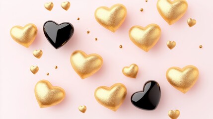 Obraz premium Bunch of gold and black hearts are scattered across a pink background. The gold hearts are larger and more prominent than the black ones, creating a sense of contrast and balance