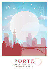 Obraz premium Christmas Porto retro poster for winter festives, New Year. Geetings, happy holidays and merry xmas from Portugal vector postcard layout