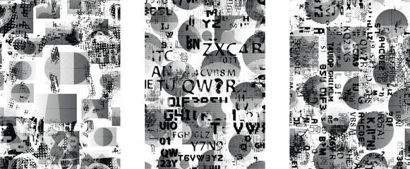Fototapeta premium Set of glitch distorted grunge overlay textures. Collection of overlaying textures with halftone dots, scratches and lines .Screen print vector layers pack. Overlays with grunge textured surface